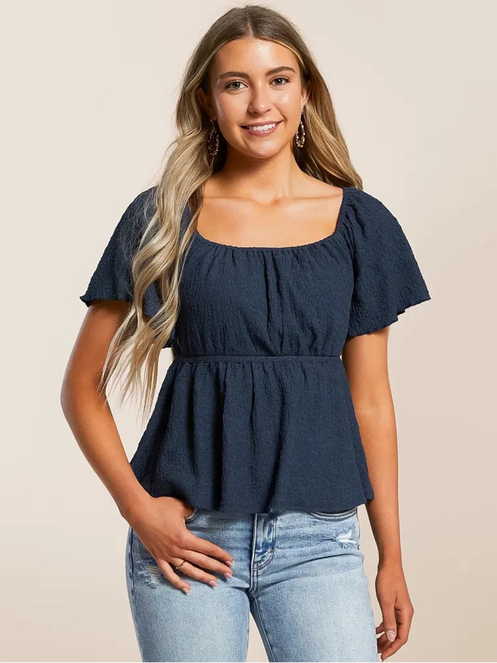 Day trip Textured Back Tie Peplum Top— Navy